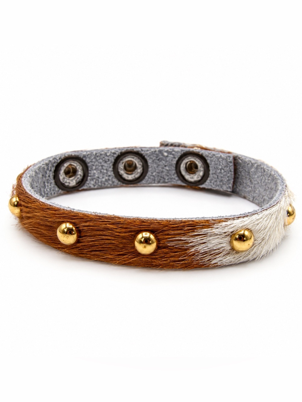 Hair on Hide Cowhide Bracelet Gold Tone Studs Brown White Western Boho Adjustabl